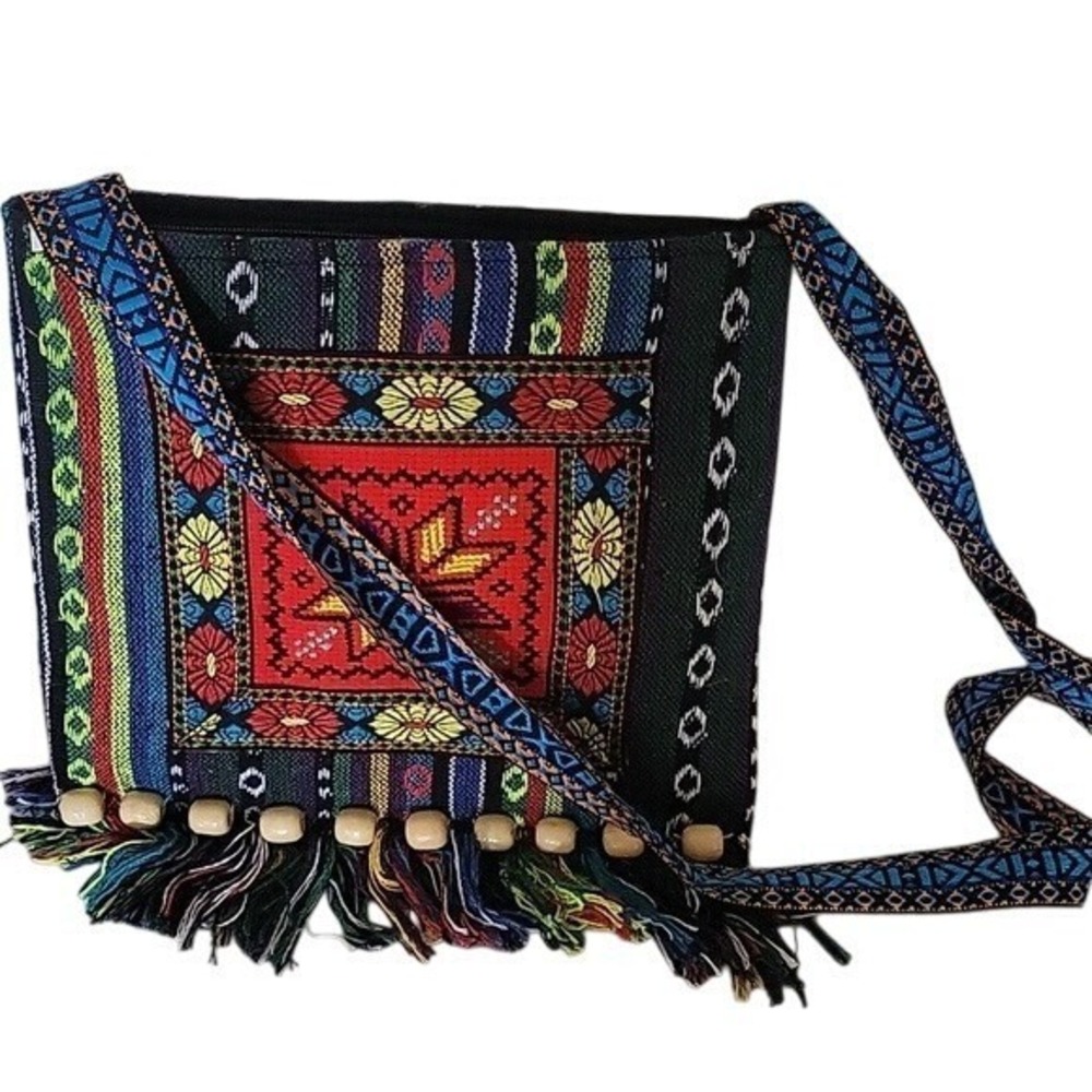 KATATSA NEW Black Red Crossbody Bag‎ Decorative Pattern and Tassels Vacation